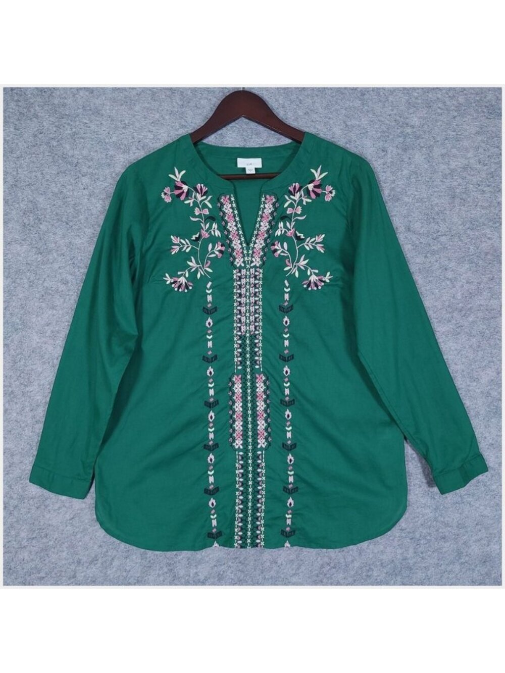 J Jill Embroidered Popover Tunic Womens Small Green Boho Peasant Cottagecore